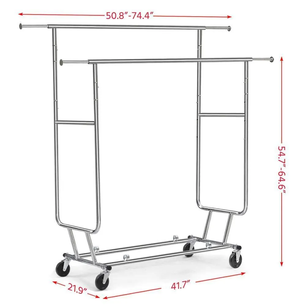 Topeakmart Commercial Grade Adjustable Double-Rail Clothing Hanging Rack on Wheels Rolling Garment Rack Drying Rack w/Wheels,Chrome Finish