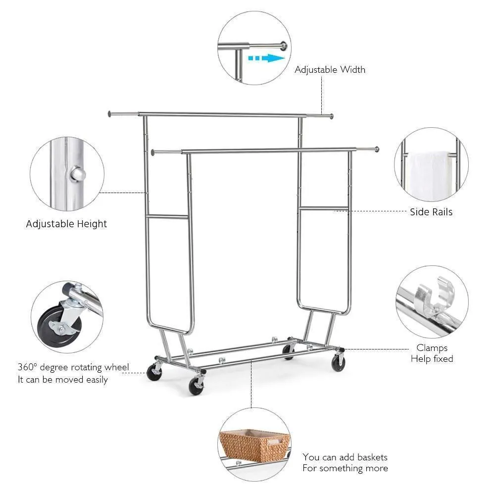 Topeakmart Commercial Grade Adjustable Double-Rail Clothing Hanging Rack on Wheels Rolling Garment Rack Drying Rack w/Wheels,Chrome Finish
