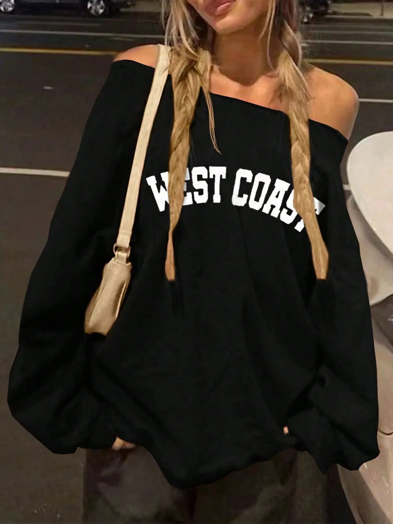 Trendy Off-Shoulder Letter Printed Long-Sleeve Top for Casual Autumn and Winter Style