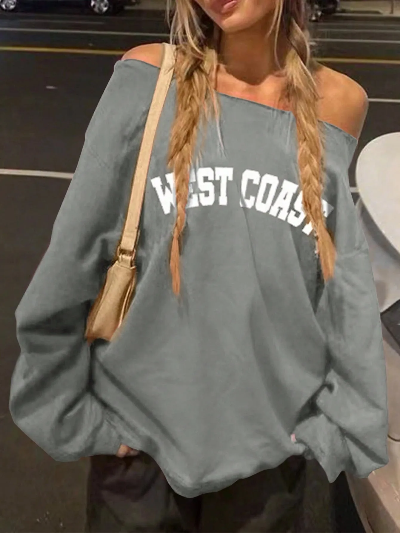 Trendy Off-Shoulder Letter Printed Long-Sleeve Top for Casual Autumn and Winter Style