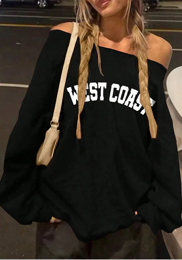 Trendy Off-Shoulder Letter Printed Long-Sleeve Top for Casual Autumn and Winter Style