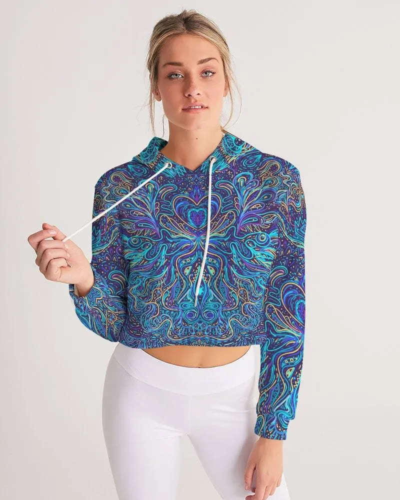 Trippy Psychedelic Blue Turquoise Women's Cropped Hoodie