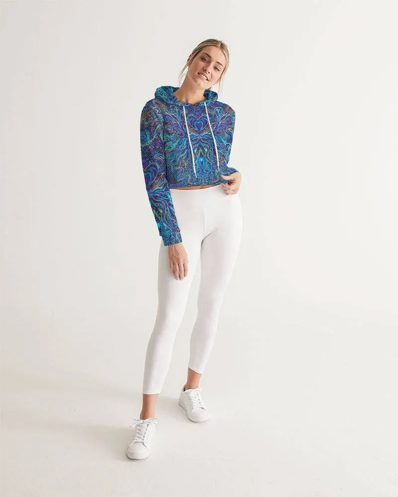 Trippy Psychedelic Blue Turquoise Women's Cropped Hoodie