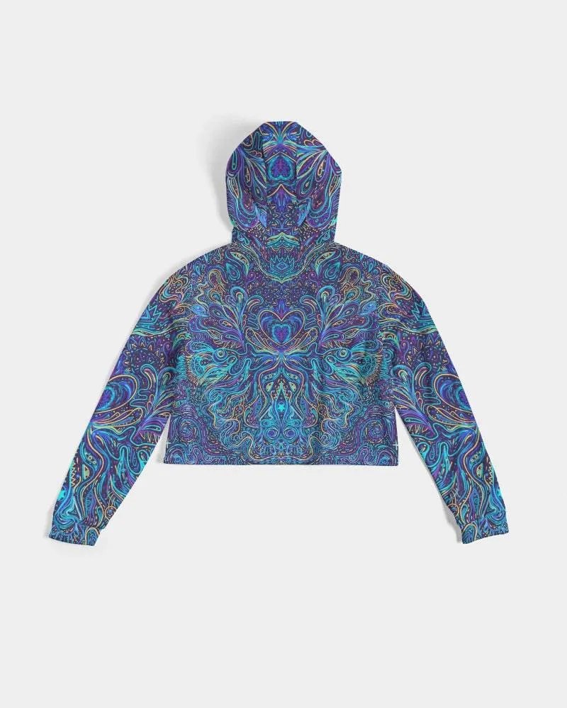 Trippy Psychedelic Blue Turquoise Women's Cropped Hoodie