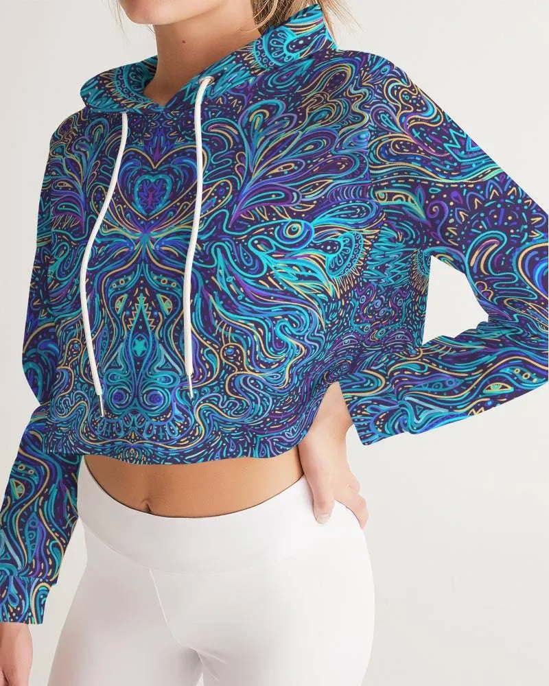 Trippy Psychedelic Blue Turquoise Women's Cropped Hoodie