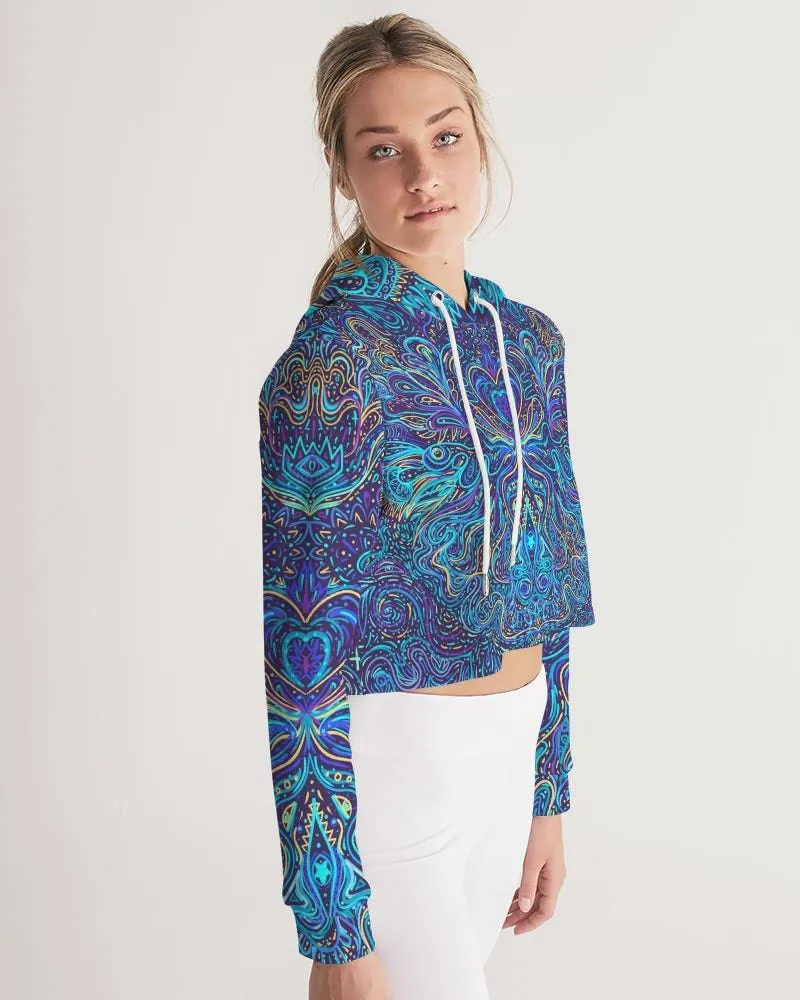Trippy Psychedelic Blue Turquoise Women's Cropped Hoodie