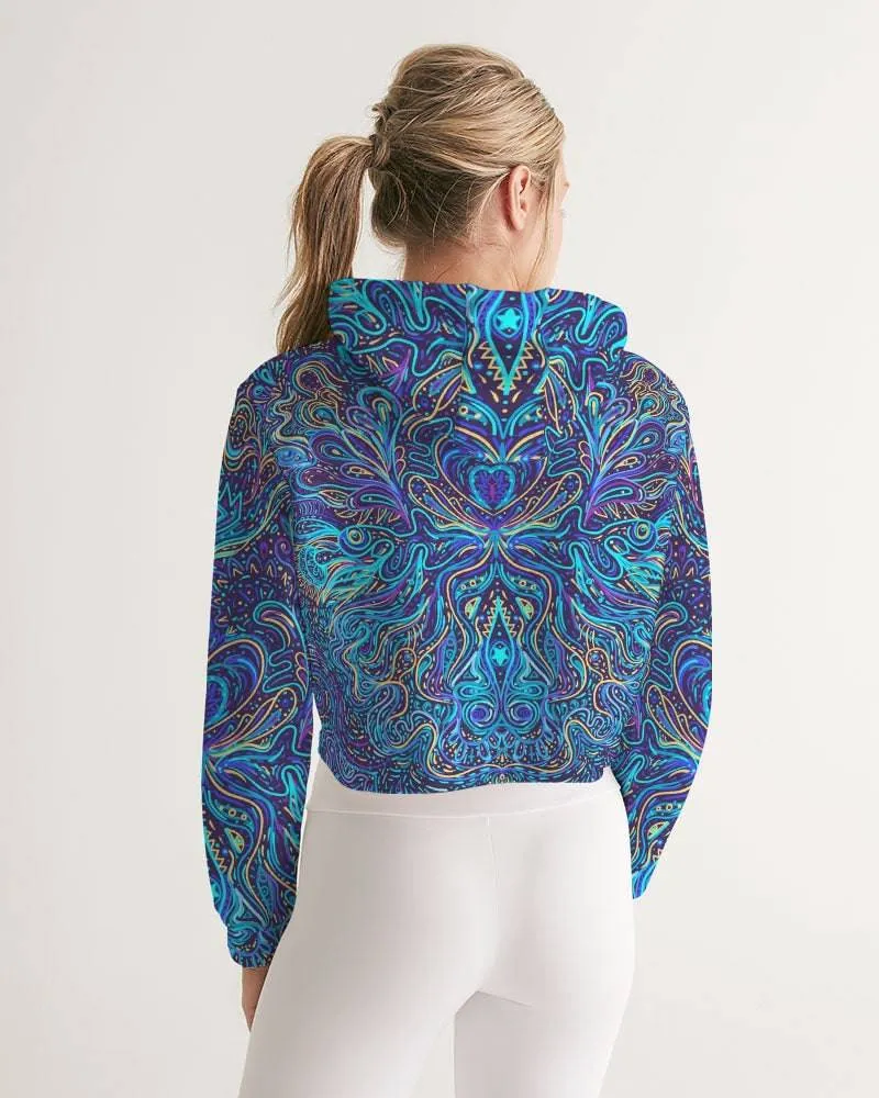 Trippy Psychedelic Blue Turquoise Women's Cropped Hoodie