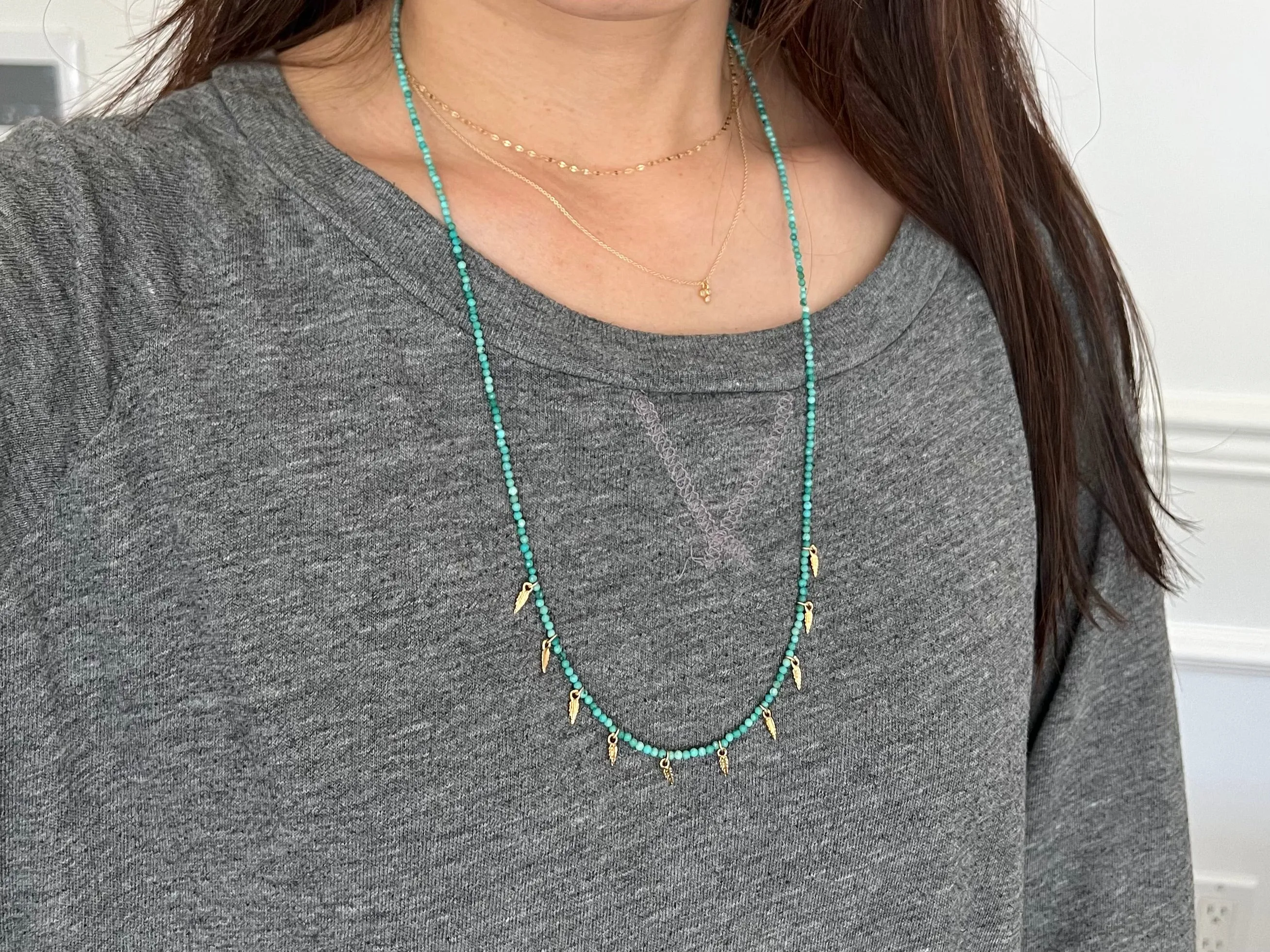 Turquoise Beaded and Feather Charm Necklace