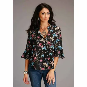 Twill Feather Floral Print Blouse, By Stetson