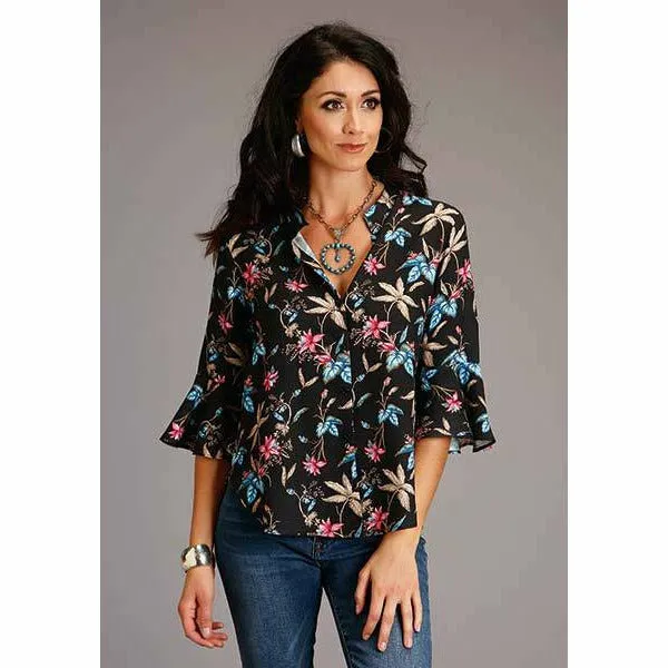 Twill Feather Floral Print Blouse, By Stetson