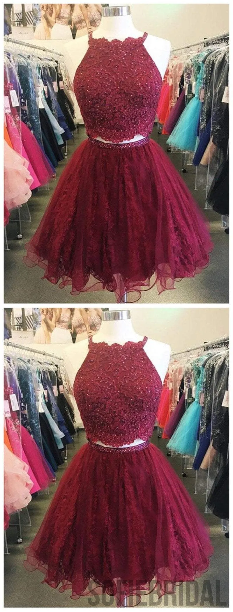Two Piece Cheap Short Lace Beaded Dark Red Homecoming Dresses 2018, CM482
