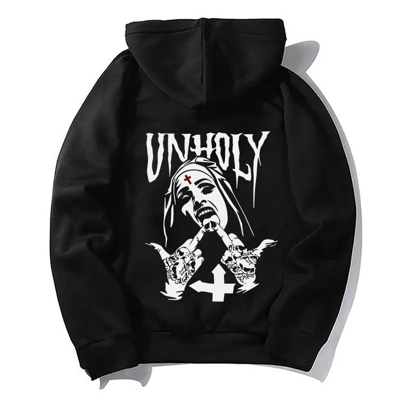 UNHOLY Nun Graphic Casual Black Print Hoodie