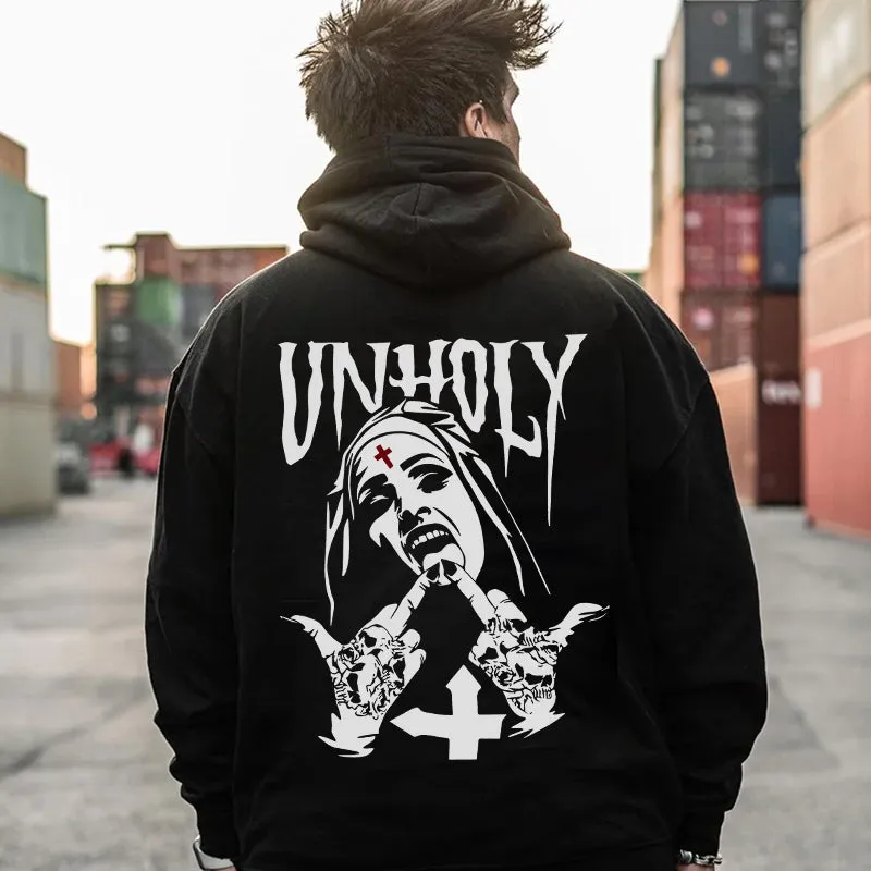 UNHOLY Nun Graphic Casual Black Print Hoodie