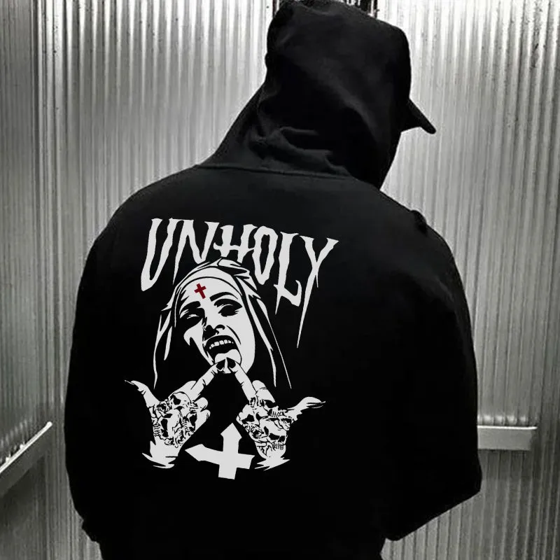 UNHOLY Nun Graphic Casual Black Print Hoodie