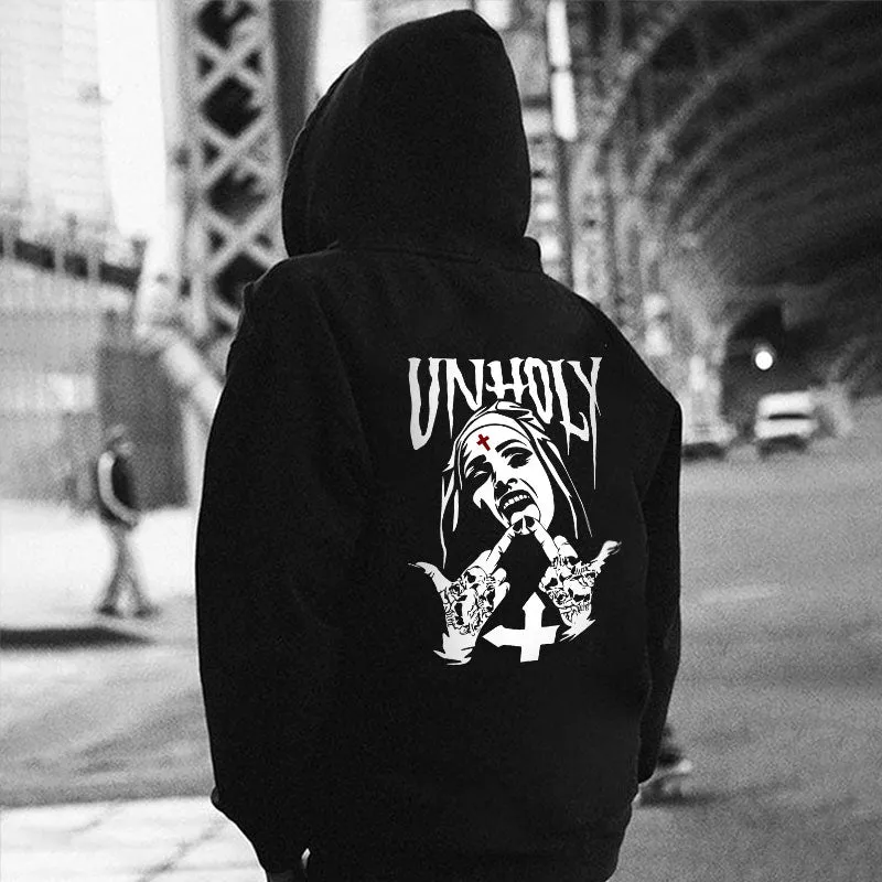 UNHOLY Nun Graphic Casual Black Print Hoodie