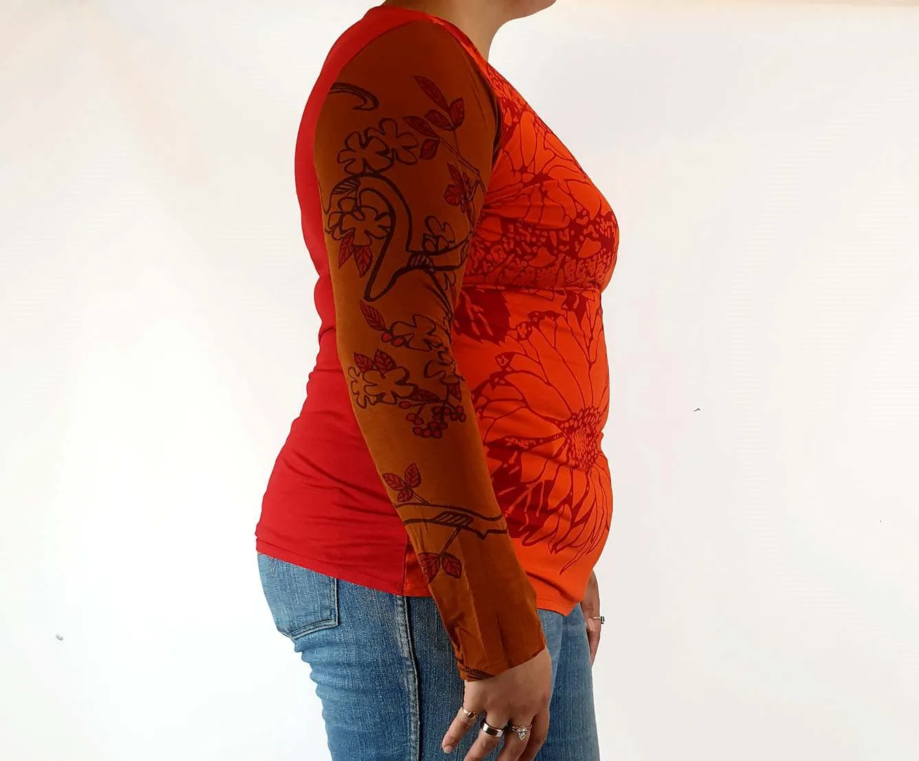 Upstream by Megan Salmon red print long sleeve top size 14