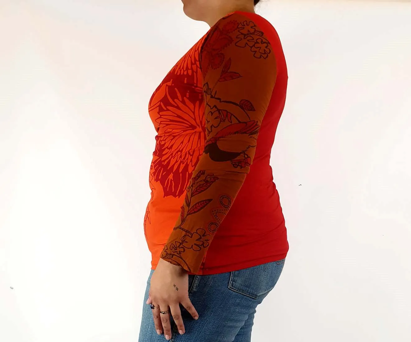 Upstream by Megan Salmon red print long sleeve top size 14