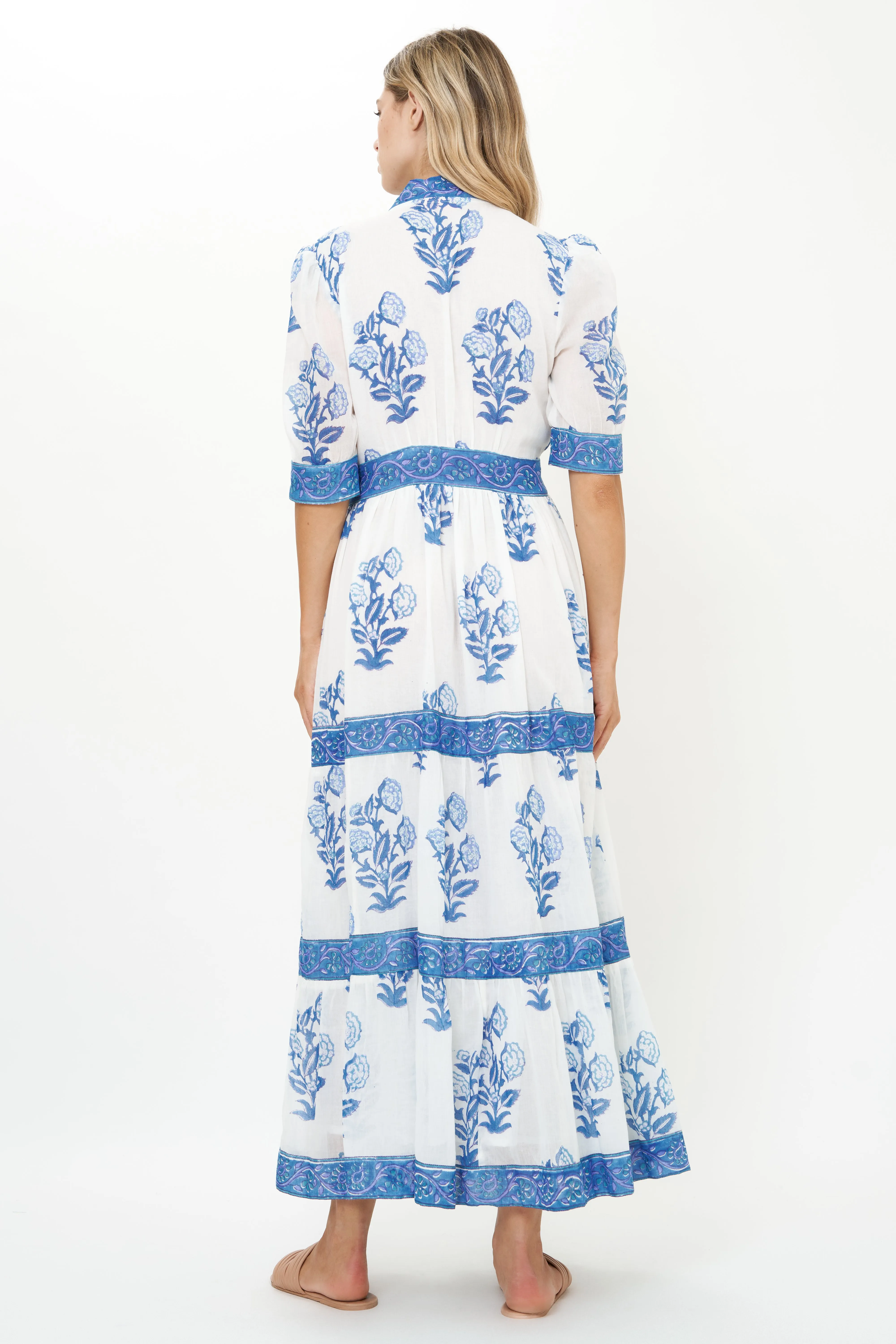 V-Neck Cuffed Maxi- Salvia Blue