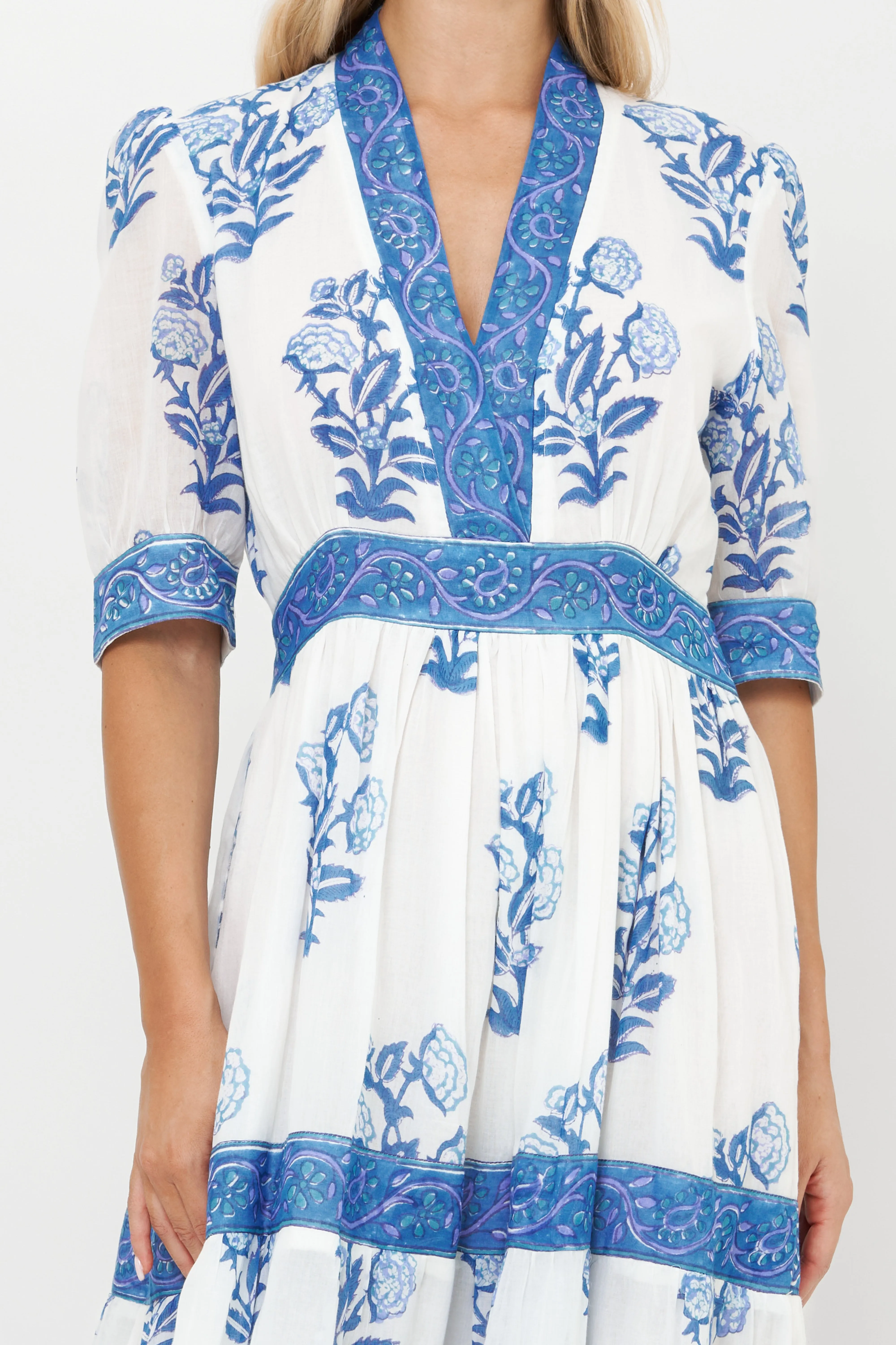V-Neck Cuffed Maxi- Salvia Blue