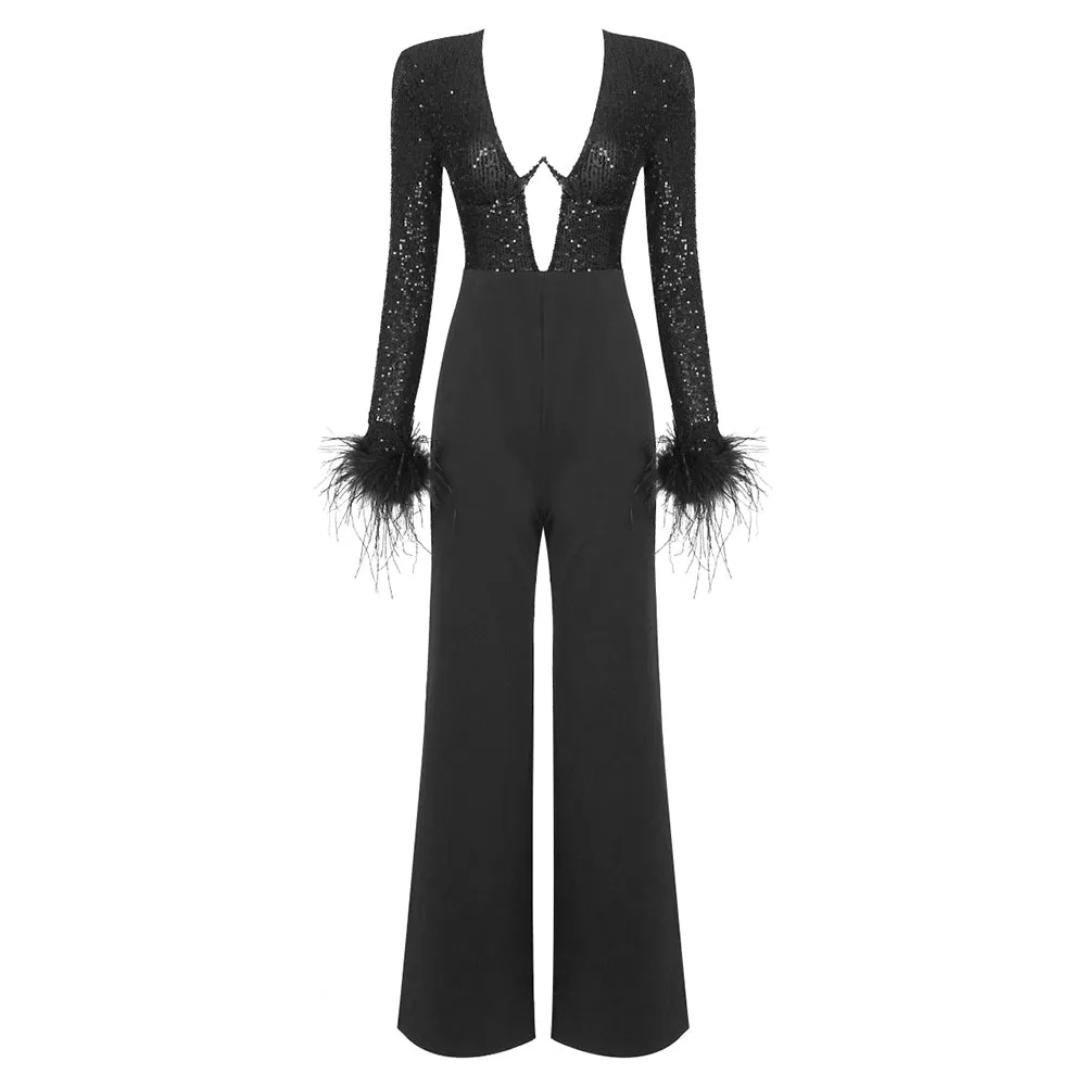 V Neck Long Sleeve Feather Jumpsuit BD2505