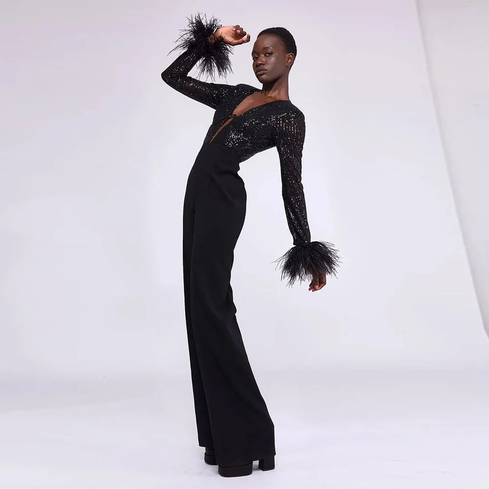 V Neck Long Sleeve Feather Jumpsuit BD2505