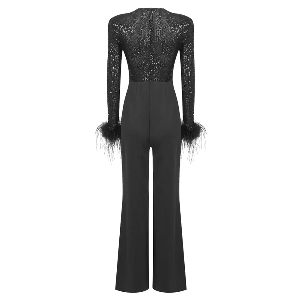 V Neck Long Sleeve Feather Jumpsuit BD2505