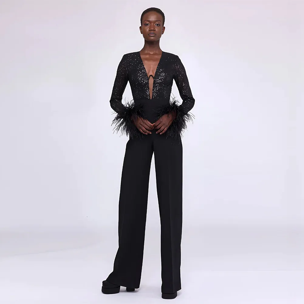 V Neck Long Sleeve Feather Jumpsuit BD2505