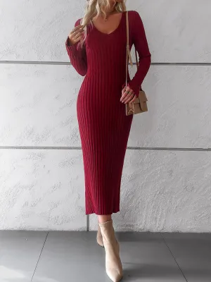 V-neck Ribbed Knit Midi Dress with Long Sleeves