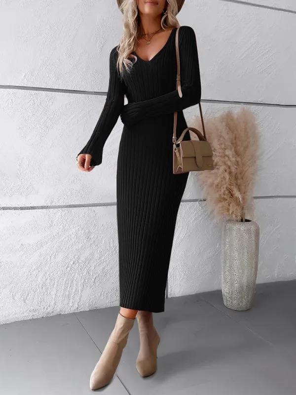 V-neck Ribbed Knit Midi Dress with Long Sleeves