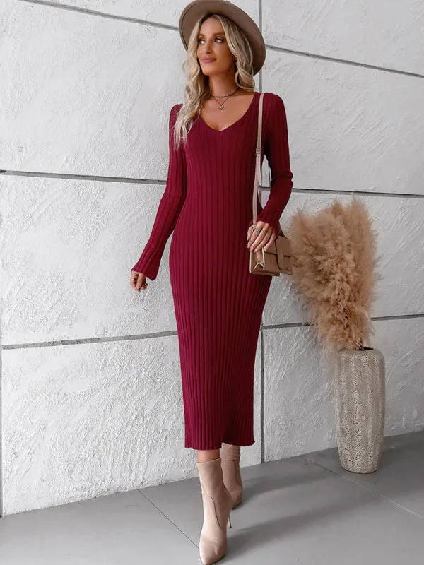 V-neck Ribbed Knit Midi Dress with Long Sleeves