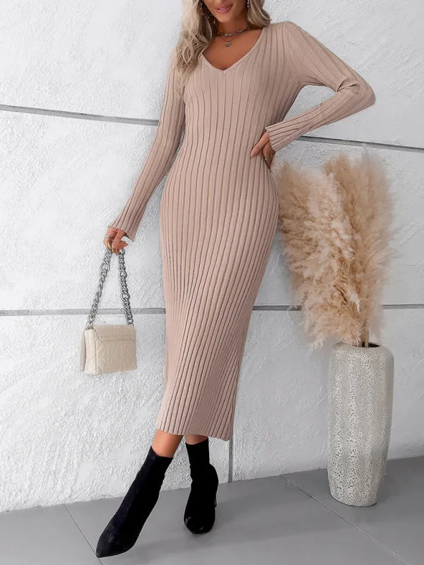V-neck Ribbed Knit Midi Dress with Long Sleeves