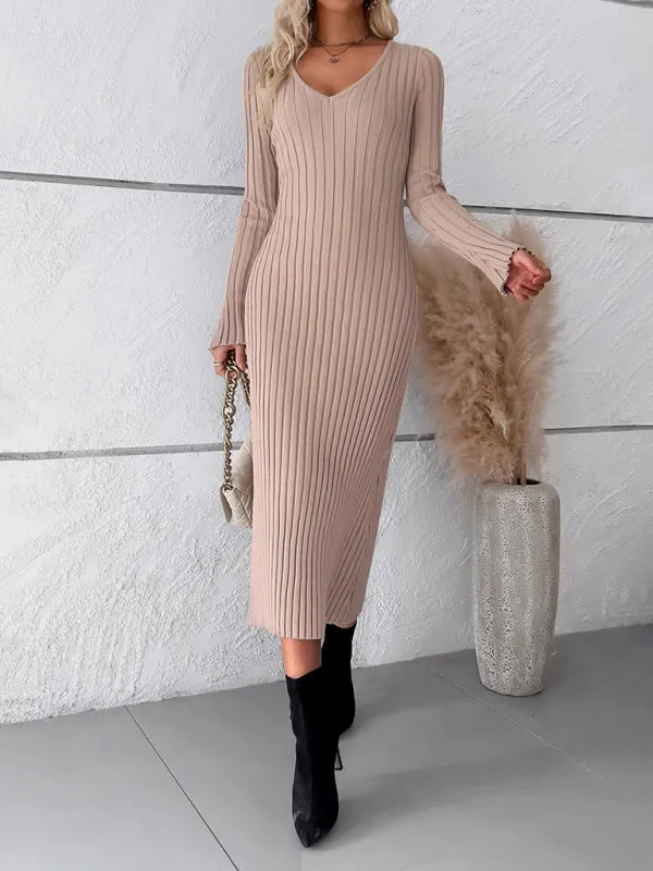 V-neck Ribbed Knit Midi Dress with Long Sleeves