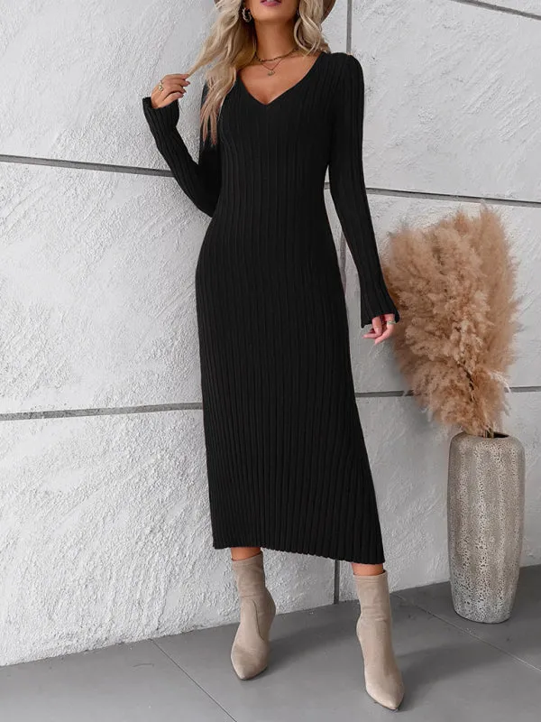 V-neck Ribbed Knit Midi Dress with Long Sleeves
