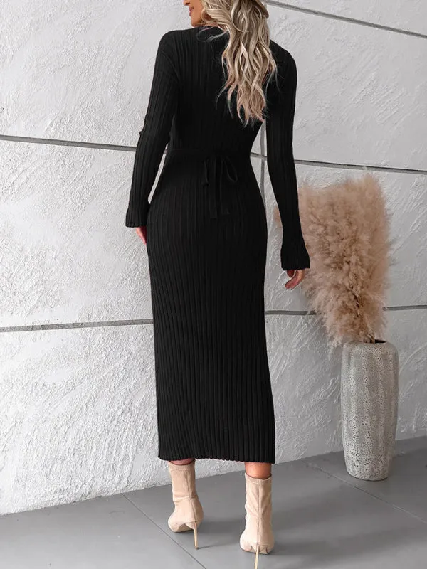 V-neck Ribbed Knit Midi Dress with Long Sleeves