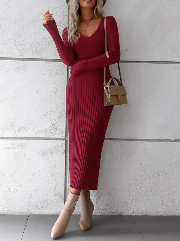 V-neck Ribbed Knit Midi Dress with Long Sleeves