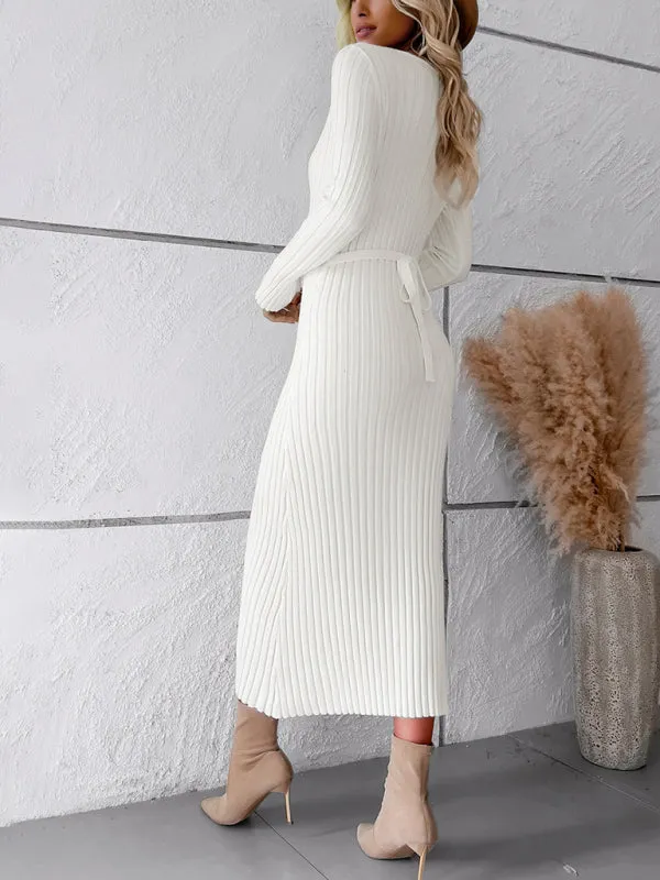 V-neck Ribbed Knit Midi Dress with Long Sleeves