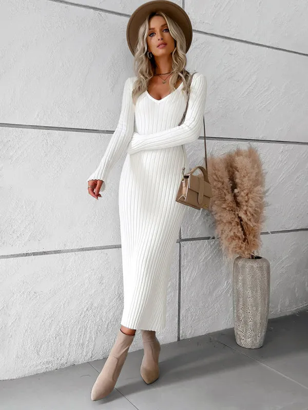 V-neck Ribbed Knit Midi Dress with Long Sleeves