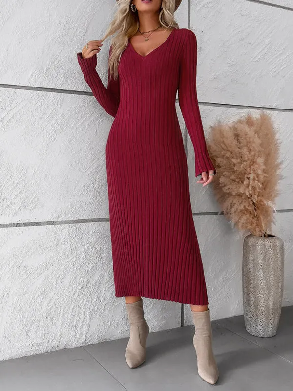 V-neck Ribbed Knit Midi Dress with Long Sleeves