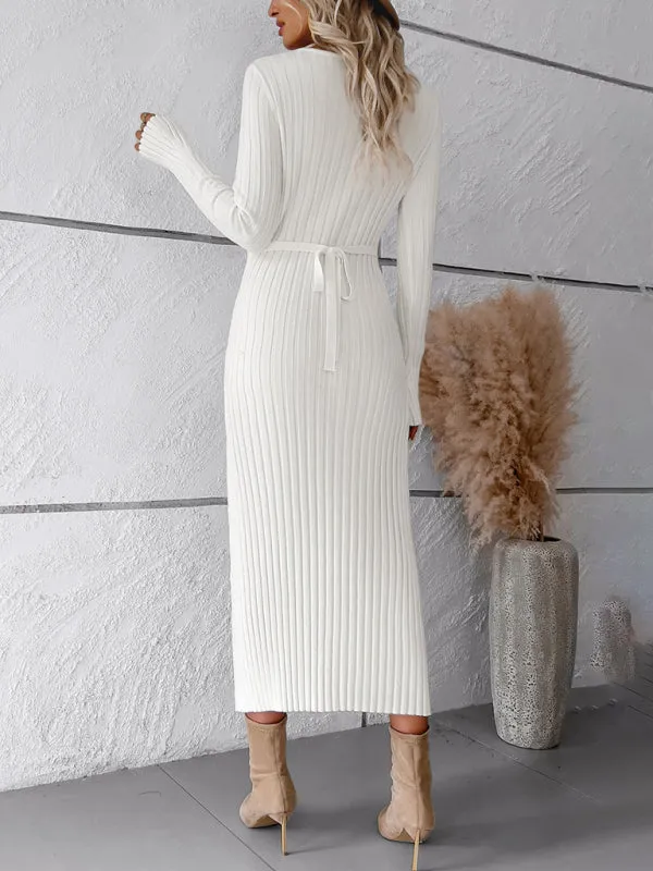 V-neck Ribbed Knit Midi Dress with Long Sleeves