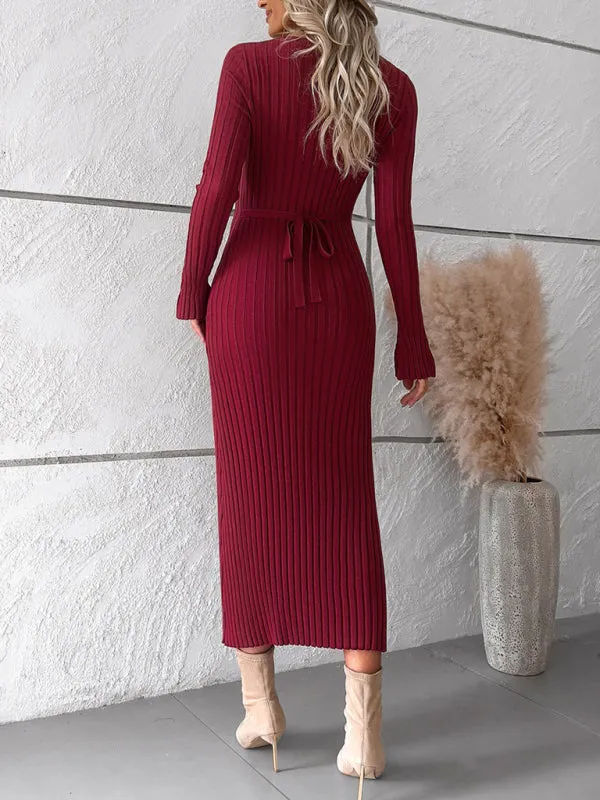V-neck Ribbed Knit Midi Dress with Long Sleeves