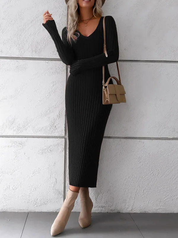 V-neck Ribbed Knit Midi Dress with Long Sleeves