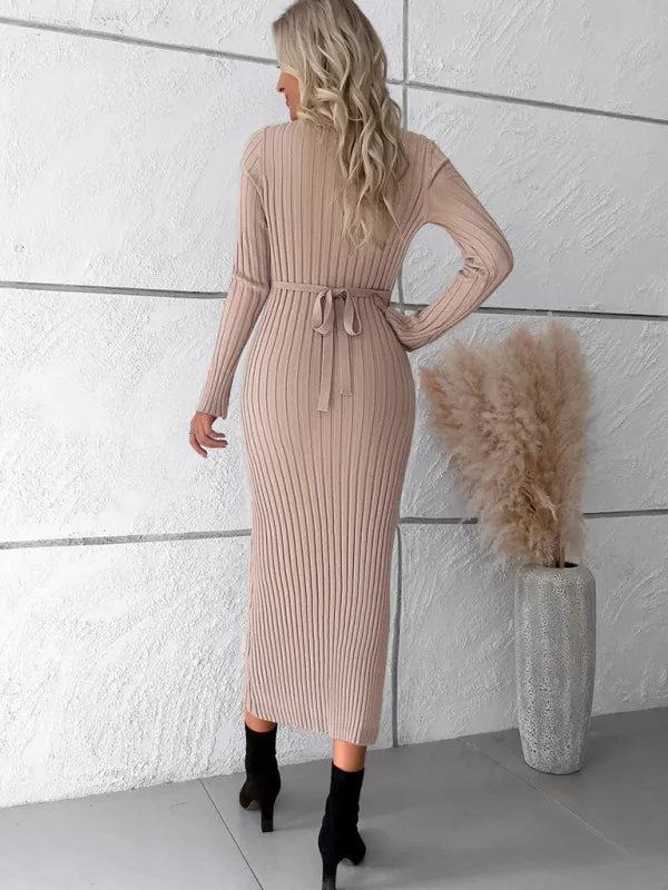 V-neck Ribbed Knit Midi Dress with Long Sleeves