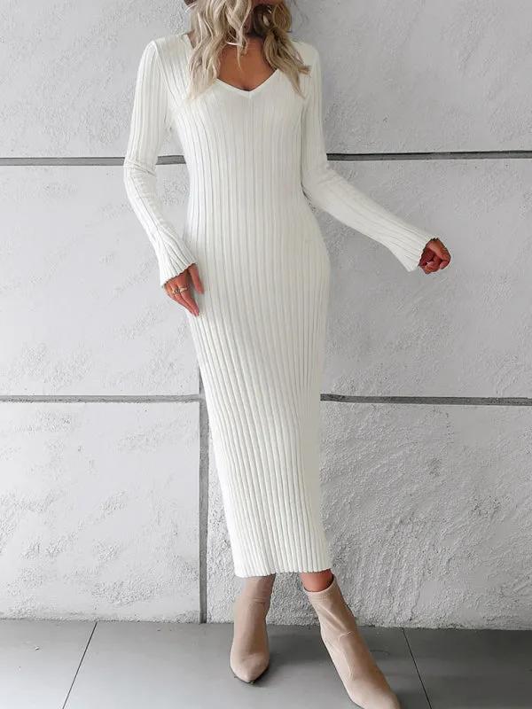 V-neck Ribbed Knit Midi Dress with Long Sleeves