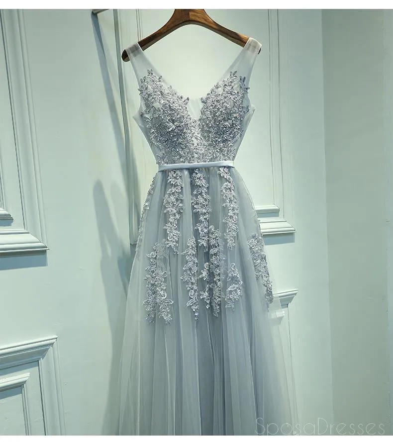 V Neckline Grey Lace Evening Prom Dresses, Tulle Long Party Prom Dresses, Custom Cheap prom dresses, prom dresses shop, online prom dresses, 17065