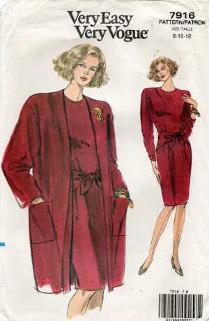 Very Easy Vogue 7916 Womens Straight Dress with Wide Waist Ties & Jacket 1990s Vintage Sewing Pattern Size 8 - 12 UNCUT Factory Folded