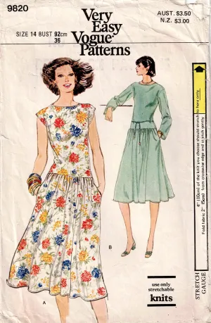 Very Easy Vogue 9820 Womens Stretch Knit Drop Waisted Dress 1970s Vintage Sewing Pattern Size 14 Bust 36 inches