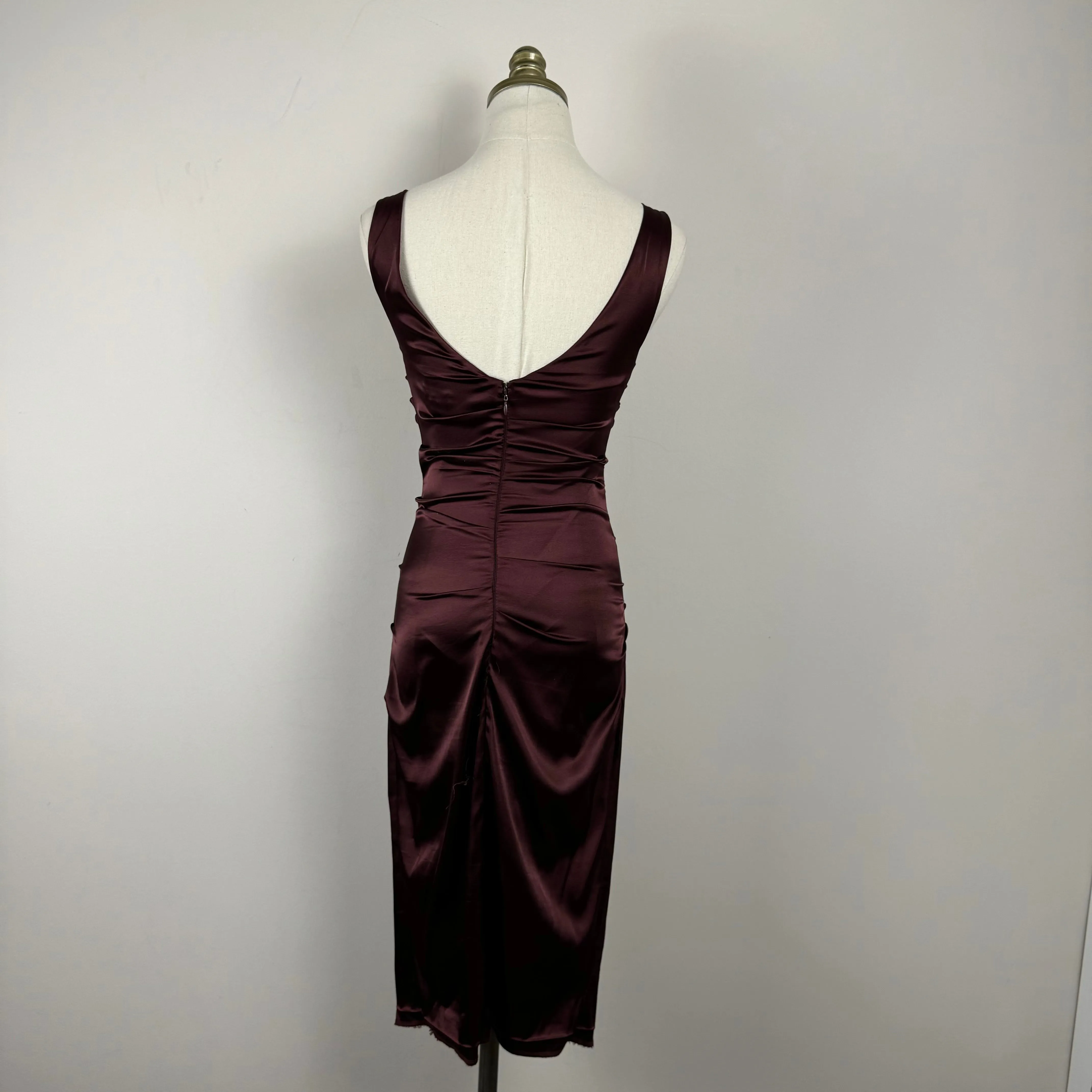 Vintage Burgundy Silky Fitted Midi Dress