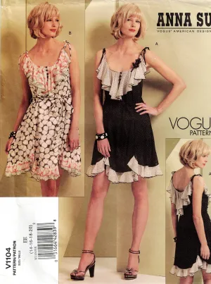 Vogue American Designer V1104 ANNA SUI Womens Lined Ruffled Mini Dress & Sash Out Of Print Sewing Pattern Size 6 - 12 or 14 - 20 UNCUT Factory Folded