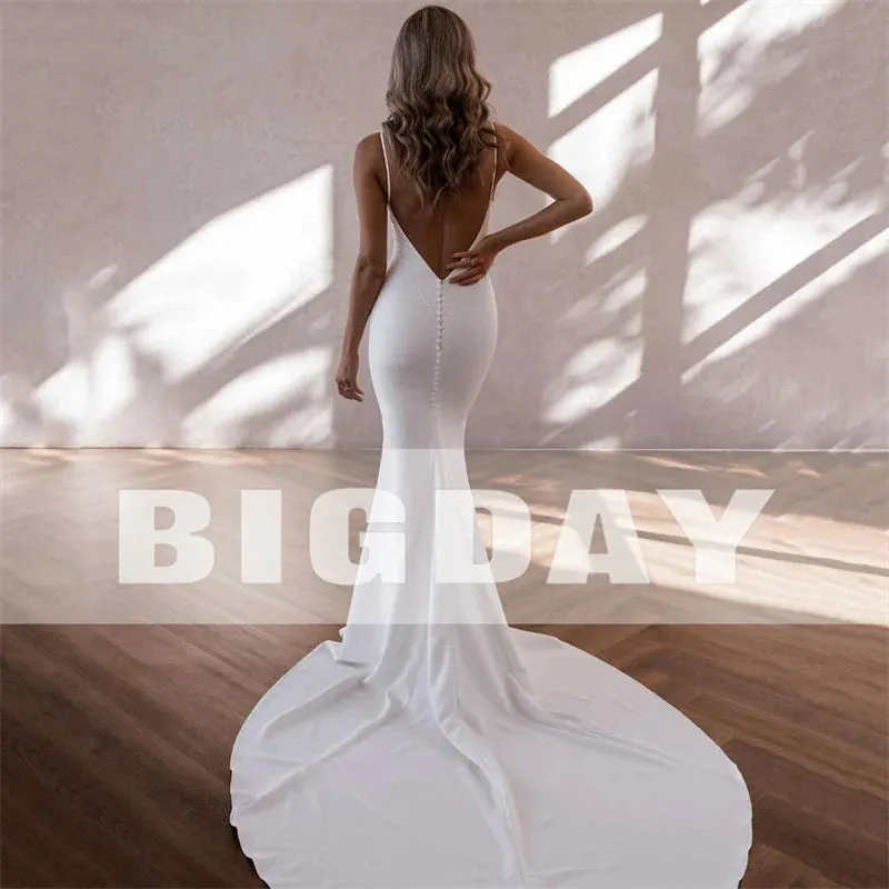 Wedding Dresses Women Open Back V-Neck Spaghetti Straps Satin