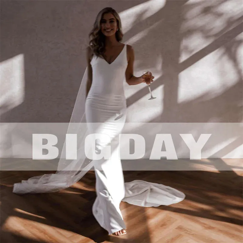 Wedding Dresses Women Open Back V-Neck Spaghetti Straps Satin